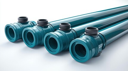 Teal Plastic Pipes Arranged, Industrial, White Background, Technical Illustration