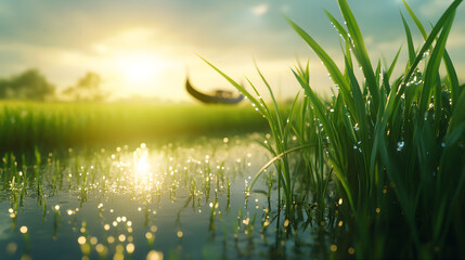 Obraz premium Rice field bathed in early morning droplets and sunlights background a field of green rice plants banner image morning rice field wallpaper image