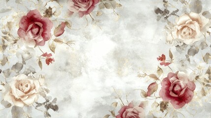 Stylish and delicate watercolor floral design featuring pastel roses, geometric gold details, and open space for branding or text.