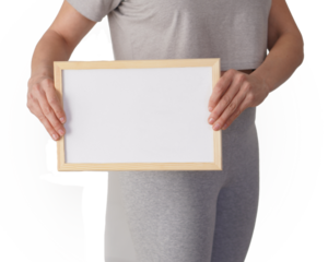 Transparent background, cut, isolated woman dressed in gray sportswear and a blank slate