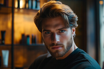 Obraz premium Young man getting haircut in a barbershop salon generative ai