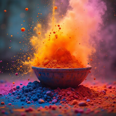 Colorful powder explosion in vivid hues of orange, pink, and blue for Holi festival