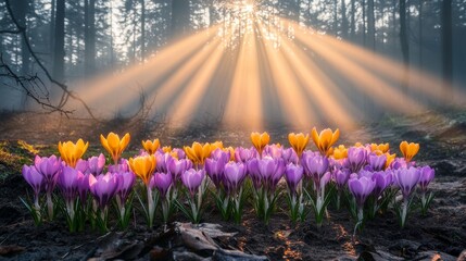 Obraz premium Sunbeams Through a Hazy Forest, Illuminating a Field of Purple and Yellow Crocus Flowers in Bloom