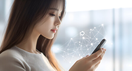 Young Woman Using Smartphone with Digital Network Connections Overlay

