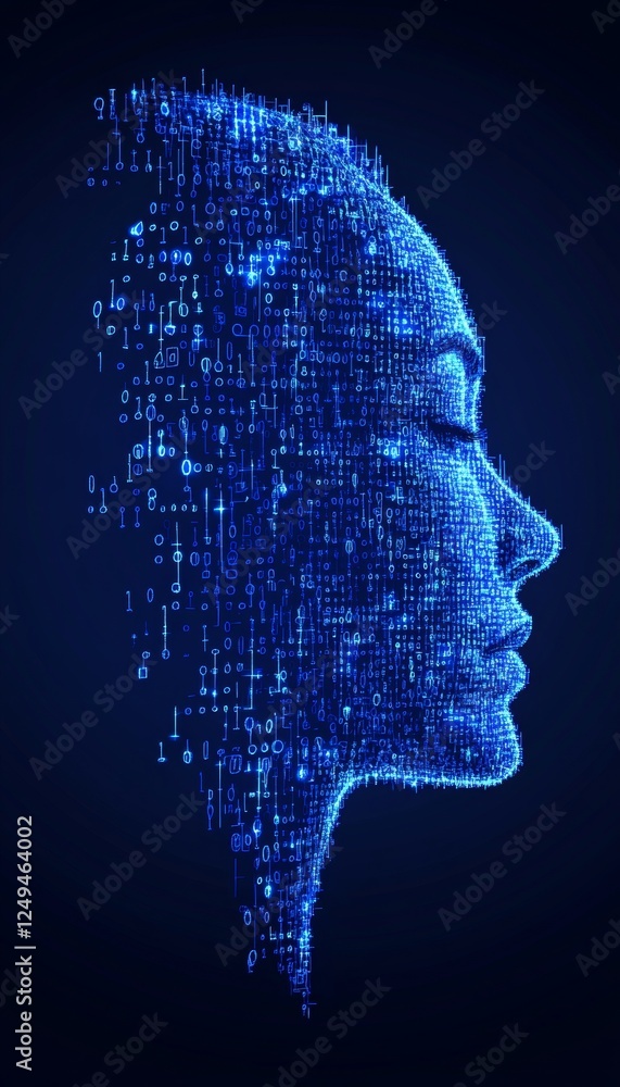 Poster digital consciousness human face profile formed by glowing blue binary code and circuitry