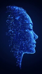Obraz premium Digital Consciousness Human Face Profile Formed by Glowing Blue Binary Code and Circuitry