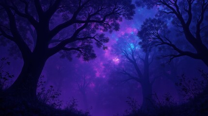 Mysterious Forest with Ethereal Blue and Purple Night Sky Glow
