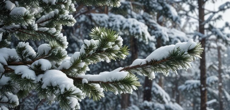 Pristine snow covering pine boughs in wintry scene, scene, December, covered