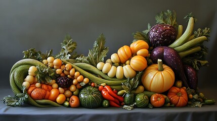 Autumnal Harvest Still Life: A Bountiful Arrangement of Vegetables and Pumpkins
