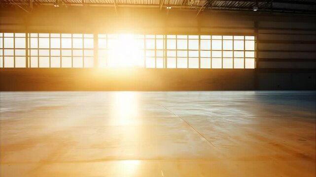 A warm sun rising through large windows in an empty industrial space with a shiny floor.