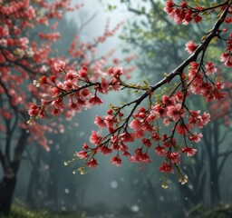 Red cherry blossom branches with green stems and wet berries, green sprigs, wet cherries, autumn leaves