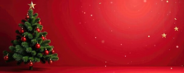 Red copy space with a Christmas tree in the corner, festive centerpiece, holly berry branch