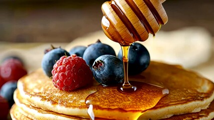 Delicious pancakes topped with honey and berries