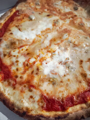 Fresh pizza with golden crust, melting cheese, tomato sauce, revealing traditional italian culinary craftsmanship in aosta kitchen