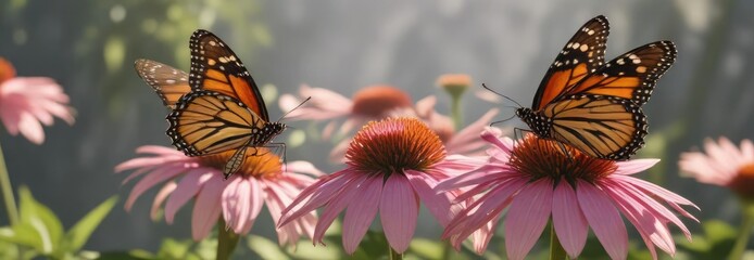 Regal monarch butterfly on a showy pink coneflower against a sunny background, sunny, majestic