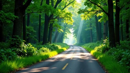 Obraz premium Sunbeams Illuminate Serene Forest Path, Winding Road Through Lush Green Canopy, Tranquil Nature Scene