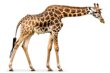 Fototapeta premium Elegant giraffe showcasing intricate patterns and graceful stature against a minimal white background