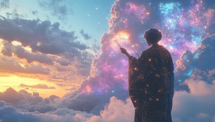 Person in robe holding incense toward cosmic clouds and sky