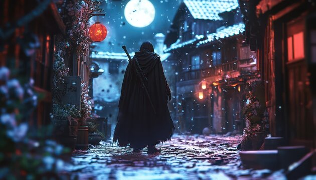 Cloaked figure walks through snow covered traditional japanese village - Powered by Adobe