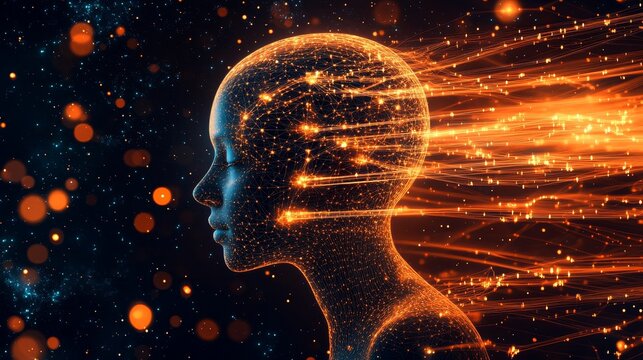 Cosmic Mind Abstract Connection, A Digital Human Head Materializing From Energy and Light Streams.