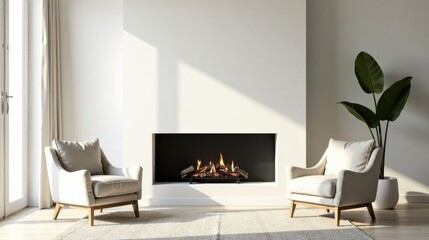 Modern minimalist living room interior design featuring a cozy fireplace and comfortable armchairs, bathed in warm sunlight