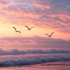 Obraz premium Serene Sunset Seascape: Three Gulls in Flight Over Ocean Waves at Dawn