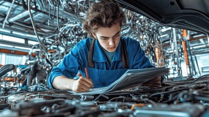 Young apprentice studies car repair manual in garage filled with tools and open car hood