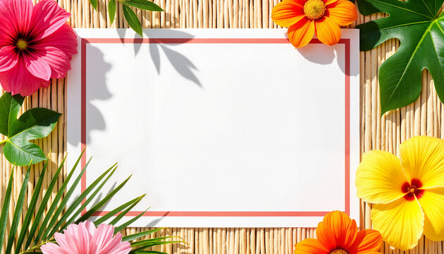 Tropical bridal shower invitation with vibrant flowers and palm leaves, festive ambiance