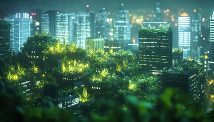 City buildings covered in vibrant vegetation at nighttime environment