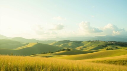 Obraz premium Serene Green Hills Under Bright Sky with Soft Clouds in Background