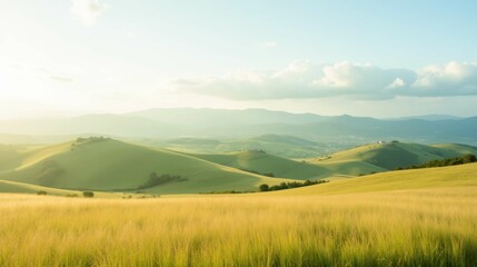 Fototapeta premium Serene Landscape of Rolling Hills and Gentle Green Fields at Dawn