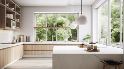 Fototapeta premium A modern Scandinavian-style kitchen with matte white cabinets, light gray marble countertops and backsplash, and wooden accents. The island features a built-in sink with a sleek chrome faucet.