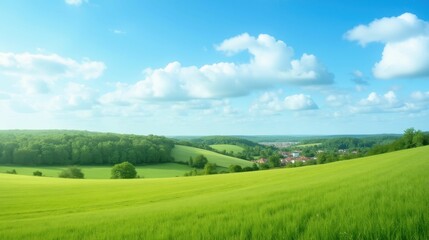 Obraz premium Scenic Green Hills Under Blue Sky with Fluffy Clouds in Daylight