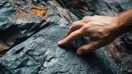 A hand touching the rough textured surface of a dark rock
