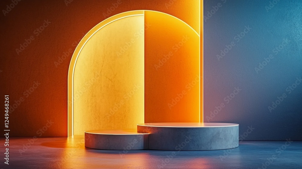 Poster vibrant geometric forms glow under neon lights, creating an artistic environment ideal for presentin