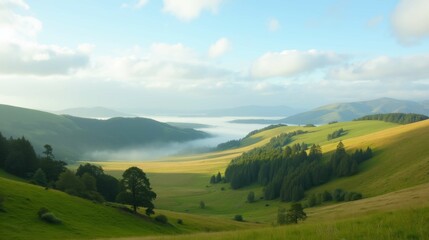 Obraz premium Serene Landscape With Rolling Hills and Misty Valleys at Sunrise