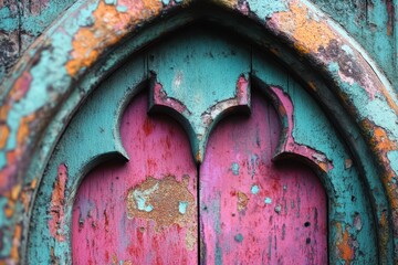 Close up view of an aged colorful ornate wooden structure