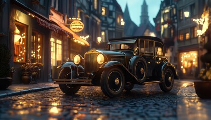 A sleek vintage car parked on a european cobblestone street