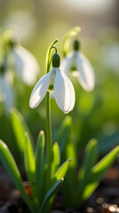 Fototapeta premium White snowdrop blooming in a sunny spring garden.