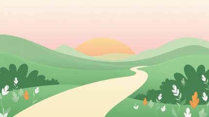 Obraz premium Vibrant Sunrise Over Serene Rolling Hills and Gentle Curved Pathway