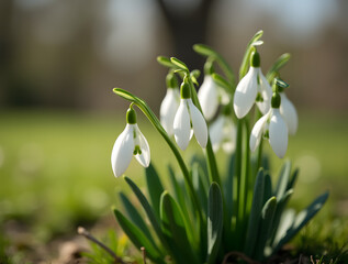 Obraz premium White snowdrop blooming in a sunny spring garden.