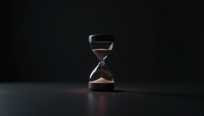 Hourglass symbol representing time, in a minimalistic style, black background, copy space