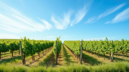 Naklejka premium Beautiful Vineyard Scene Under Clear Sky with Green Vines