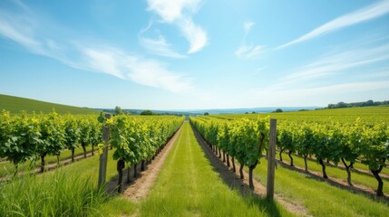 Fototapeta premium Lush Vineyard Rows Under Bright Blue Sky and Sunlight