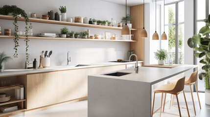 Fototapeta premium A modern Scandinavian-style kitchen with matte white cabinets, light gray marble countertops and backsplash, and wooden accents. The island features a built-in sink with a sleek chrome faucet.