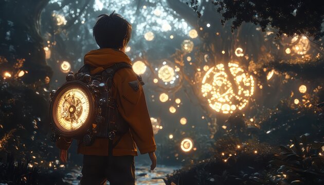 Boy with clock backpack encounters magical floating lights in forest - Powered by Adobe