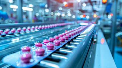 Fototapeta premium High-Tech Pharmaceutical Machine Close-up of automated machinery sealing blister packs filled with tablets in a bright