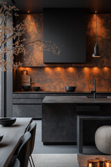 Photographie immobilière d'une cuisine moderne monochrome avec éclairage LED et coin repas élégant, HDR, 3D, design, tendance, architecte