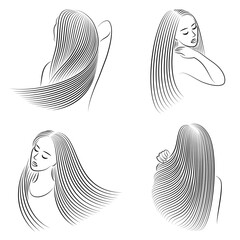 Collection. Straight beautiful hair of a girl. Woman is beautiful and stylish. Lamination and keratin hair straightening. Vector illustrations set.