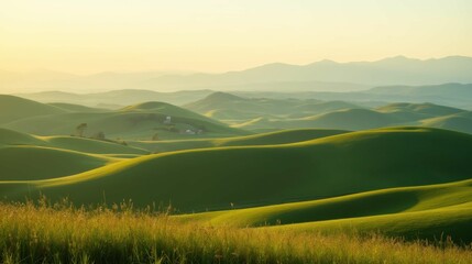 Obraz premium Serene Green Hillsides Under Soft Sunrise Light in Mountains